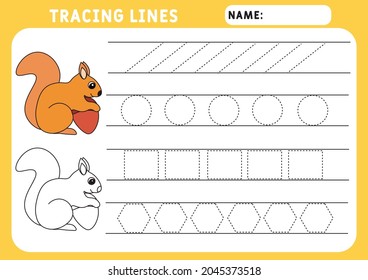 Trace line worksheet for kids. Basic writing. Working pages for children. Funny little squirrel. Preschool or kindergarten worksheet. Trace the pattern. Illustration and vector outline - A4 paper