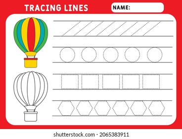 Trace line  worksheet for kids. Basic writing. Working pages for children. Preschool or kindergarten worksheet. Trace the pattern. air balloon. Illustration and vector outline - A4 paper ready to prin