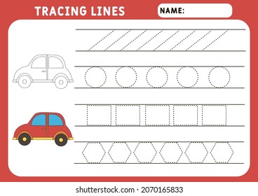 Trace line worksheet for kids. Basic writing. Working pages for children.  Funny little car. Preschool or kindergarten worksheet. Trace the pattern. Illustration and vector outline - A4 paper