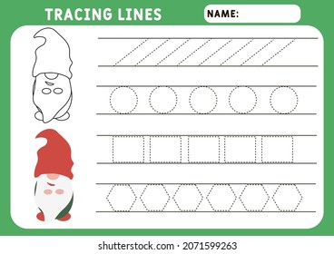 Trace line worksheet for kids. Basic writing. Working pages for children.  Funny little gnome. Preschool or kindergarten worksheet. Trace the pattern. Illustration and vector outline - A4 paper