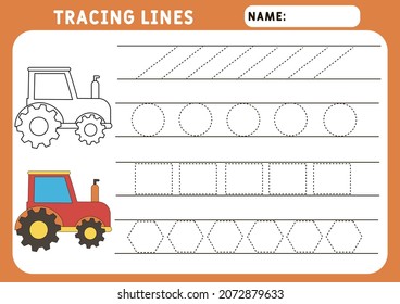 Trace line worksheet for kids. Basic writing. Working pages for children.  Funny little tractor. Preschool or kindergarten worksheet. Trace the pattern. Illustration and vector outline - A4 paper