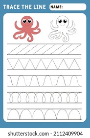 Trace line worksheet for kids. Basic writing. Working pages for children. Preschool or kindergarten worksheet. Trace the pattern. Illustration and vector outline - A4 paper