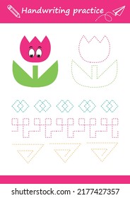 Hoja de cálculo de línea de seguimiento para niños. Escritura básica. Páginas de trabajo para niños. Hoja de trabajo de preescolar o jardín de infancia. Rastrear el patrón. Ilustración del vector