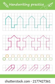 Hoja de cálculo de línea de seguimiento para niños. Escritura básica. Páginas de trabajo para niños. Hoja de trabajo de preescolar o jardín de infancia. Rastrear el patrón. Ilustración del vector