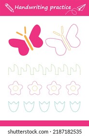 Trace line worksheet for kids. Basic writing. Working pages for children. Preschool or kindergarten worksheet. Trace the pattern. Vector illustration	
