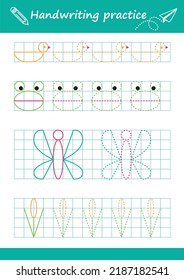 Trace line worksheet for kids. Basic writing. Working pages for children. Preschool or kindergarten worksheet. Trace the pattern. Vector illustration	
