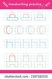 Hoja de cálculo de línea de seguimiento para niños. Escritura básica. Páginas de trabajo para niños. Hoja de trabajo de preescolar o jardín de infancia. Rastrear el patrón. Ilustración del vector	
