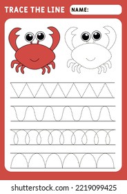Trace line worksheet for kids. Basic writing. Working pages for children. Funny little Crab. Preschool or kindergarten worksheet. Trace the pattern. Illustration and vector outline - A4 paper