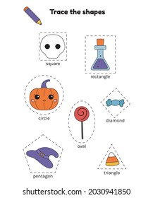 Trace line worksheet for kids. Learn geometric shapes. Halloween theme. Cartoon skull, pumpkin, potion, witch hats and sweets. Practicing fine motor skills. Vector illustration.