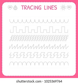 Trace Line Worksheet For Kids. Trace The Pattern. Working Pages For Children. Preschool Or Kindergarten Worksheet. Basic Writing. Vector Illustration