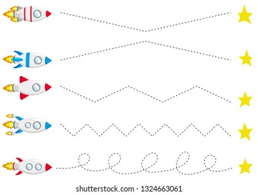 Trace line worksheet for kids, practicing fine motor skills. Help rocket fly to the stars. Educational game for preschool kids. Vector illustration.