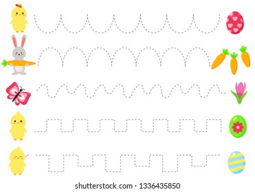 Trace line worksheet for kids, practicing fine motor skills. Cartoon kawaii eggs and bunny, spring flowers, chicks and butterfly. Educational game for preschool kids.