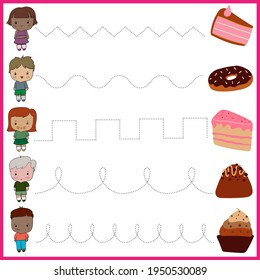 Trace line worksheet for kids, practicing fine motor skills. Cartoon kids and candy, cake. Educational game for preschool kids.