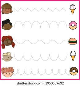 Trace Line-Arbeitsblatt für Kinder, Üben Sie feine motorische Fähigkeiten. Cartoon Kinder und Süßigkeiten, Kuchen. Erziehungsspiel für Vorschulkinder.