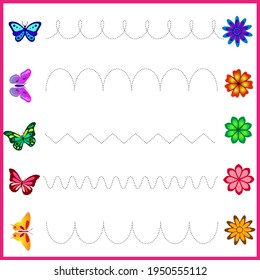 Trace line worksheet for kids, practicing fine motor skills. Cartoon flowers and butterfly. Educational game for preschool kids.