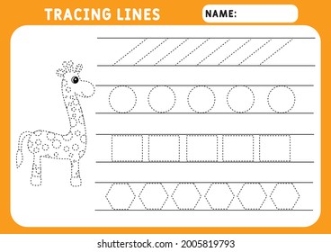 Trace line worksheet for kids. Vector cute African animal. little giraffe. Basic writing. Working pages for children. Preschool or kindergarten worksheet. Trace the pattern. Illustration and vector ou