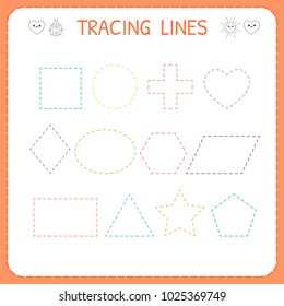 Trace line worksheet for kids. Working pages for children. Preschool or kindergarten worksheet. Trace the shapes. Vector illustration