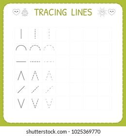 Trace Line Worksheet For Kids. Working Pages For Children. Preschool Or Kindergarten Worksheet. Trace The Pattern. Basic Writing. Vector Illustration