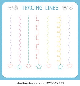 Trace line worksheet for kids. Working pages for children. Preschool or kindergarten worksheet. Basic writing. Vector illustration