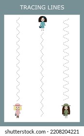 Trace line worksheet with little girls, dolls for kids, practicing fine motor skills.  Educational game for preschool children. 