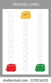 Trace line worksheet with monsters  for kids, practicing fine motor skills.  Educational game for preschool children. 