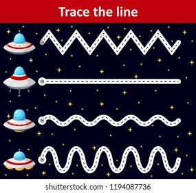 Trace line worksheet for preschool kids with spaceship
