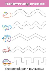 Trace line worksheet for preschool kids with car, helicopter, airplane, train, boat.