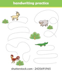 Trace line worksheet for preschool kids with cute wild animals. Vector illustration