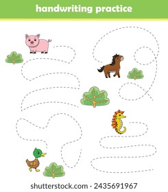 Trace line worksheet for preschool kids with cute wild animals. Vector illustration