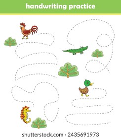 Trace line worksheet for preschool kids with cute wild animals. Vector illustration