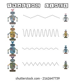 Trace line worksheet with robots for kids, practicing fine motor skills.  Educational game for preschool children. 