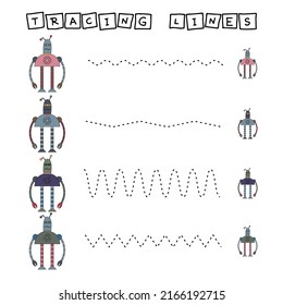 Trace line worksheet with robots for kids, practicing fine motor skills.  Educational game for preschool children. 