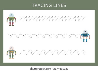 Trace line worksheet with robots for kids, practicing fine motor skills.  Educational game for preschool children. 