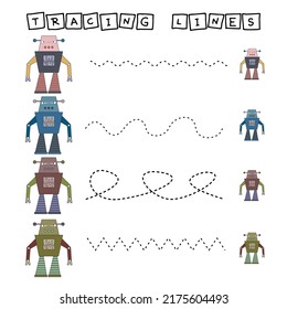 Trace line worksheet with robots for kids, practicing fine motor skills.  Educational game for preschool children. 