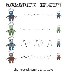Hoja de cálculo de línea de seguimiento con robots para niños, practicando buenas habilidades motoras.  Juego educativo para niños de preescolar. 