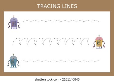 Trace line worksheet with robots for kids, practicing fine motor skills.  Educational game for preschool children. 