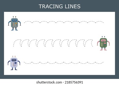 Trace Line-Arbeitsblatt mit Robotern für Kinder, üben feinmotorische Fähigkeiten.  Erziehungsspiel für Vorschulkinder. 