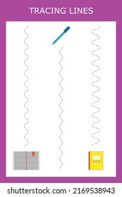 Trace line worksheet with  stationery for school for kids, practicing fine motor skills.  Educational game for preschool children. 
