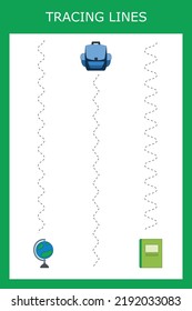 Trace Line-Arbeitsblatt mit Schreibwaren für die Schule für Kinder, üben feine motorische Fähigkeiten.  Erziehungsspiel für Vorschulkinder. 
