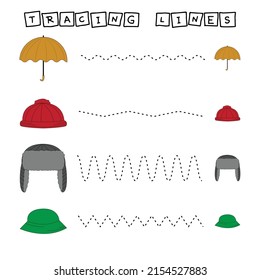 Hoja de cálculo de línea de seguimiento con paraguas, sombrero, panama para niños, practicar buenas habilidades motoras.  Juego educativo para niños de preescolar. 