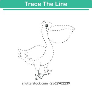 Trace line worksheets for children. Preschool handwriting practice with pelican. Vector illustration