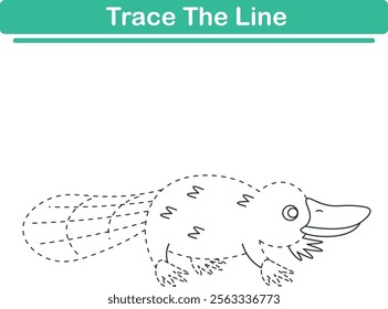 Trace line worksheets for children. Preschool handwriting practice with platipus. Vector illustration