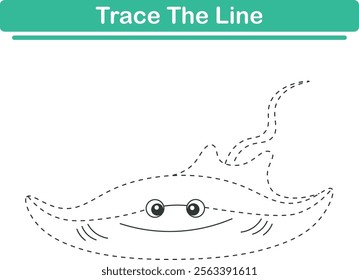 Trace line worksheets for children. Preschool handwriting practice with stingray. Vector illustration