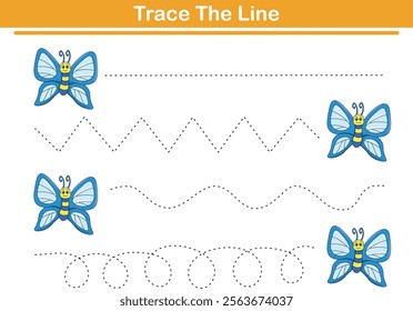 Trace line worksheets for children. Preschool handwriting practice with butterfly. Vector illustration