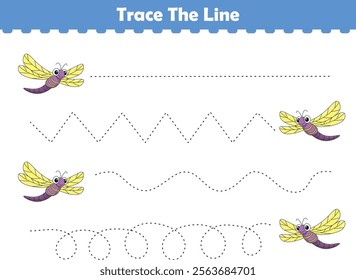 Trace line worksheets for children. Preschool handwriting practice with dragonfly. Vector illustration