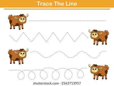 Trace line worksheets for children. Preschool handwriting practice with sheep. Vector illustration