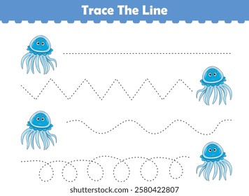 Trace line worksheets for children. Preschool handwriting practice with jellyfish. Vector illustration