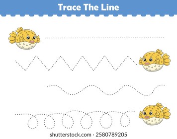 Trace line worksheets for children. Preschool handwriting practice with puff fish. Vector illustration