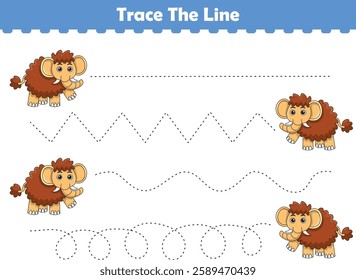 Trace line worksheets for children. Preschool handwriting practice with mammoth. Vector illustration