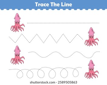 Trace line worksheets for children. Preschool handwriting practice with squid. Vector illustration